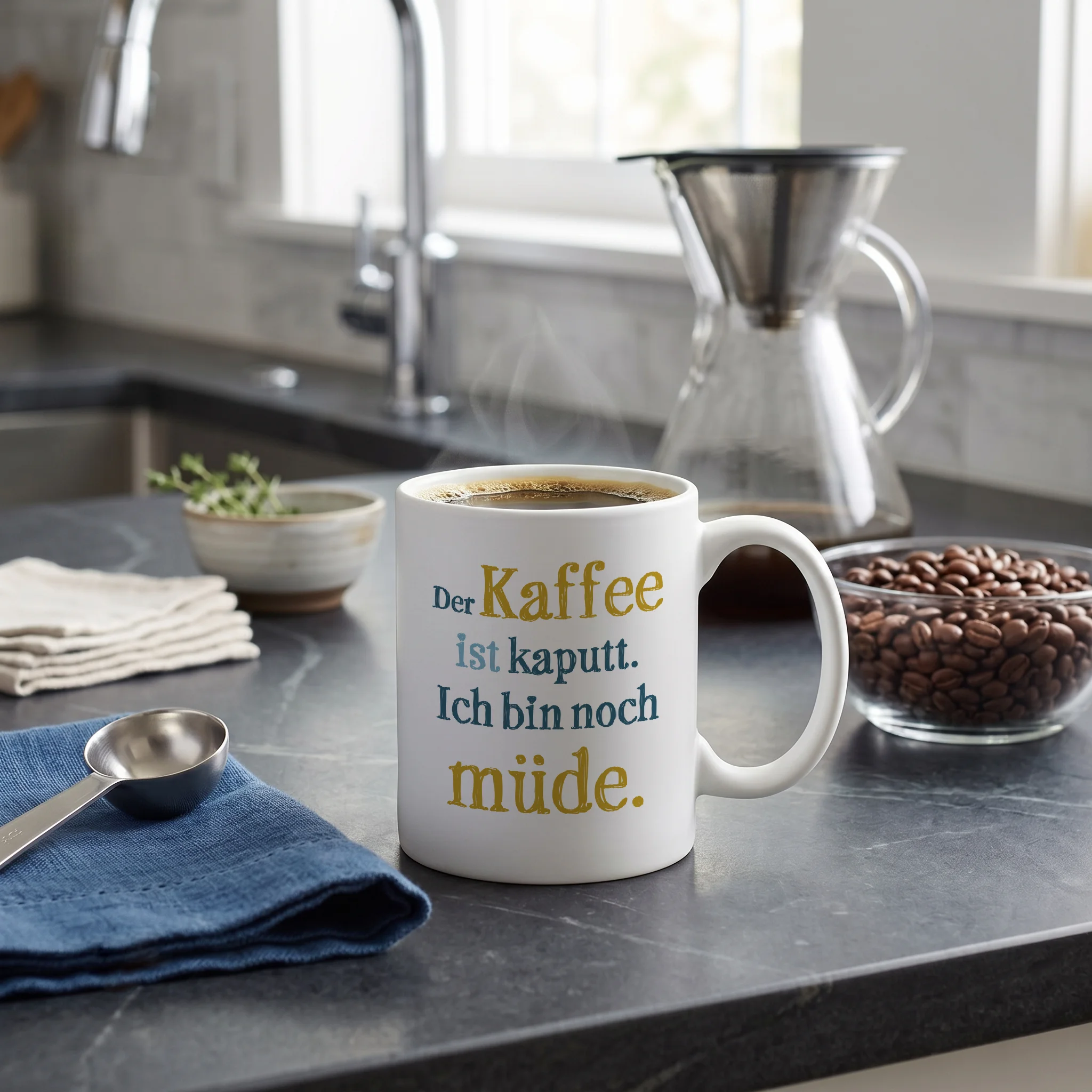 Der Kaffee ist kaputt. Ich bin noch müde. Der Kaffee ist kaputt. Ich bin noch müde.